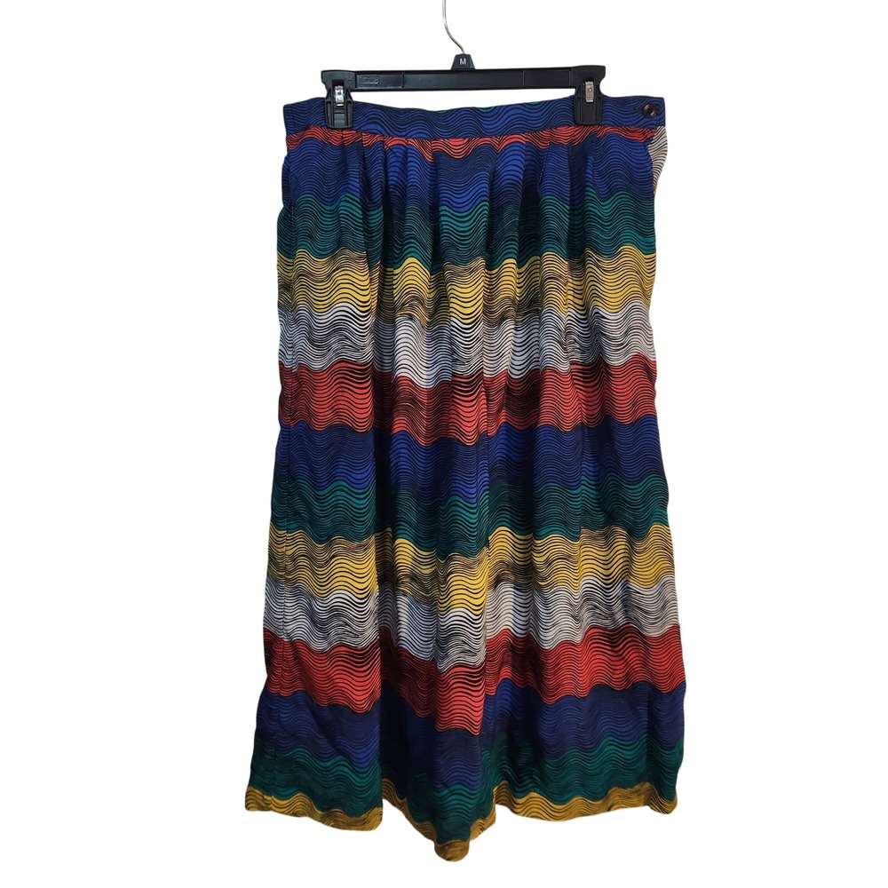 Cos Cob Vintage Wave Print Midi Skirt Multi Color Pleated Rayon Size 16 USA Made